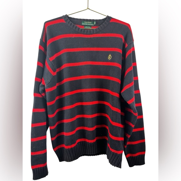 Lauren Ralph Lauren men's cotton crewneck sweater in navy blue and red stripes.